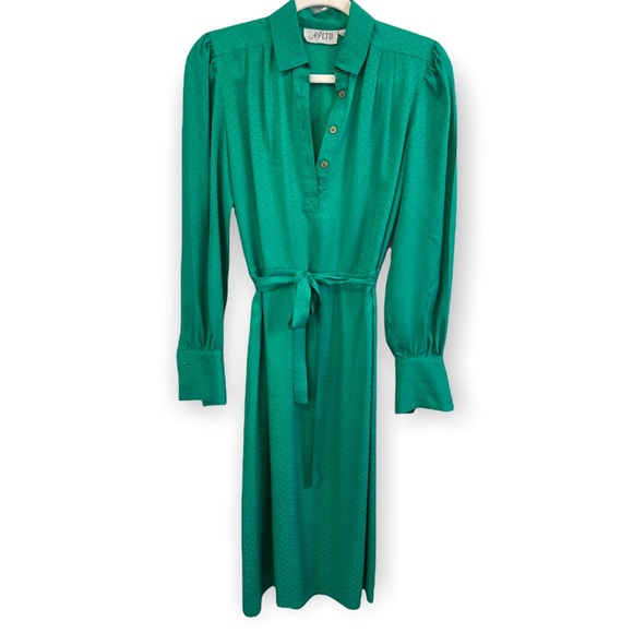 AP LIMITED Dresses & Skirts - AP LTD Vintage 100% Silk Green Floral Collared Midi Tie Dress Size 6